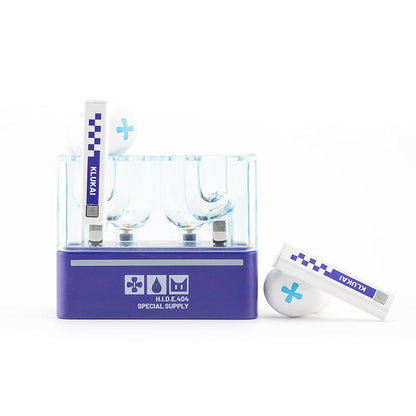 Close-up of earbuds in transparent blue case with labeled L and R