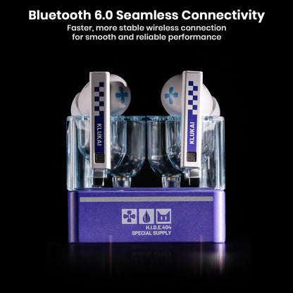 Wireless earbuds with blue and white branding on a transparent charging case
