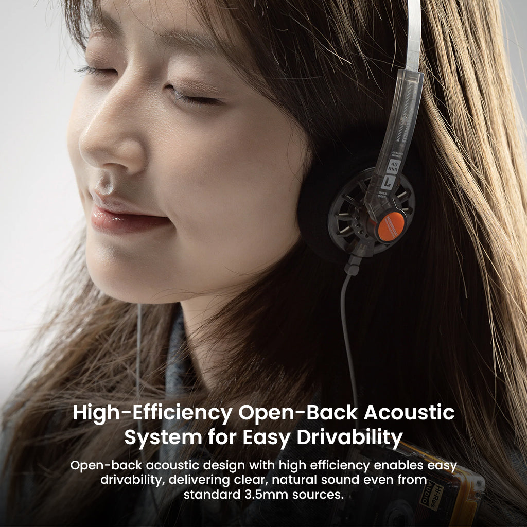 Close-up of MOONDROP On-ear Headphone worn by user, emphasizing high-efficiency open-back acoustic system for natural sound clarity.