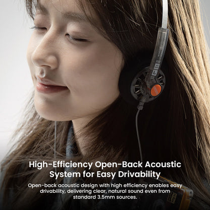 Close-up of MOONDROP On-ear Headphone worn by user, emphasizing high-efficiency open-back acoustic system for natural sound clarity.