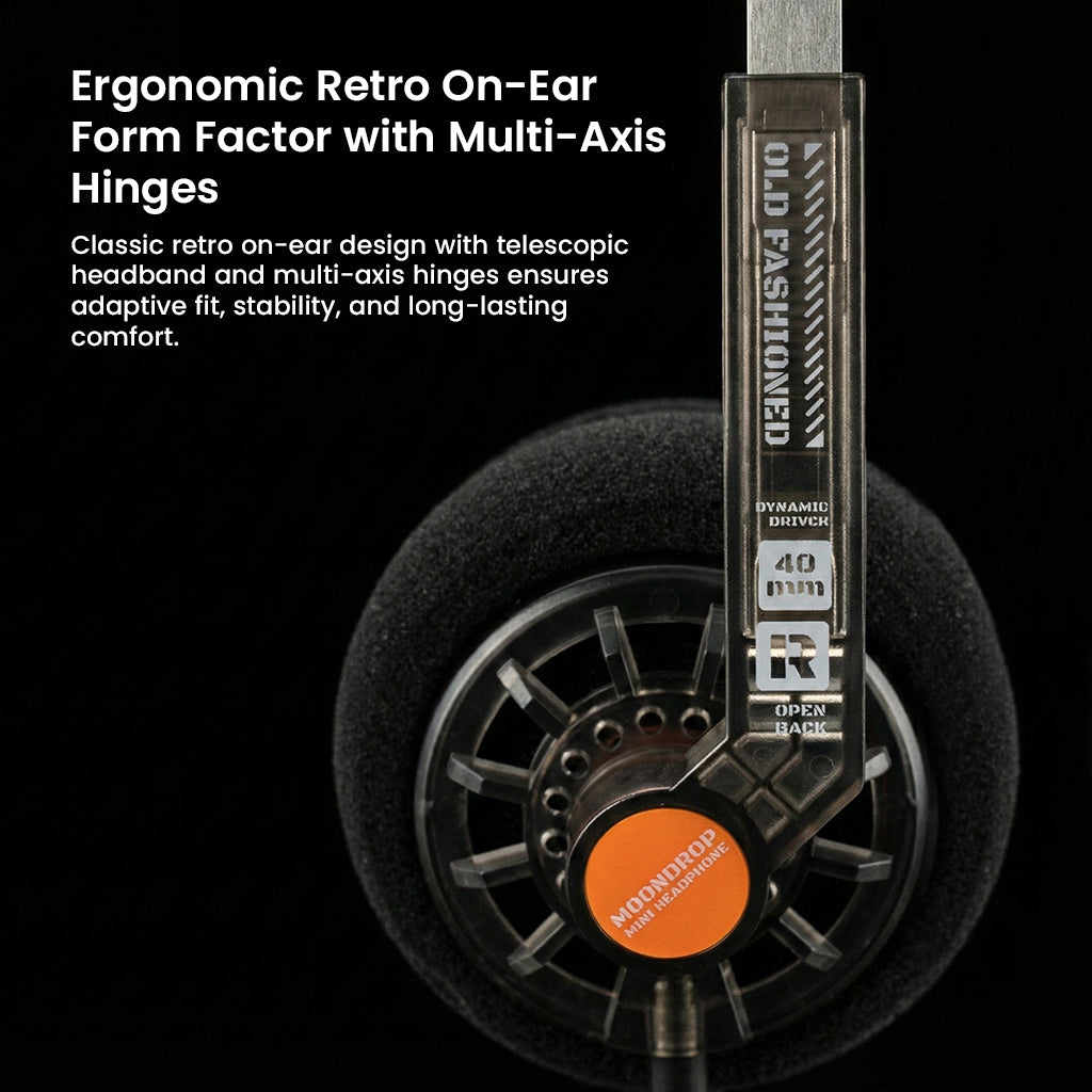 Side view of MOONDROP On-ear Headphone highlighting ergonomic retro design with multi-axis hinges for adaptive and stable fit.