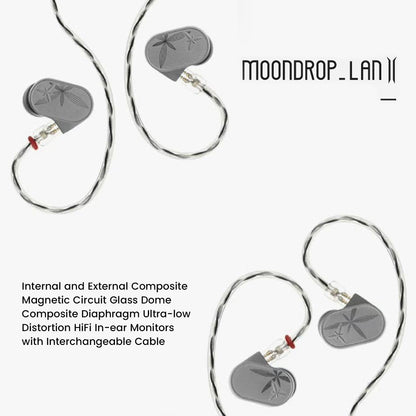 Four MOONDROP LAN II earpieces connected to a cable, featuring text that highlights the Internal and External Composite Magnetic Circuit and Glass Dome Diaphragm.