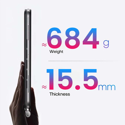 Side profile of Magnetic Keyboard Case for iPad Air 11"/10.9", Pro 11" showing 684g weight and 15.5mm thickness for portability.