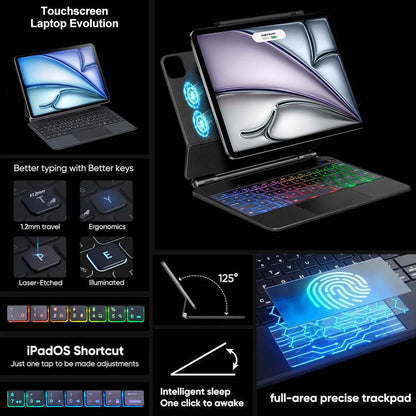 Touchscreen laptop-style features of Magnetic Keyboard Case for iPad Air 11"/10.9", Pro 11" with iPadOS shortcuts and full-area trackpad.