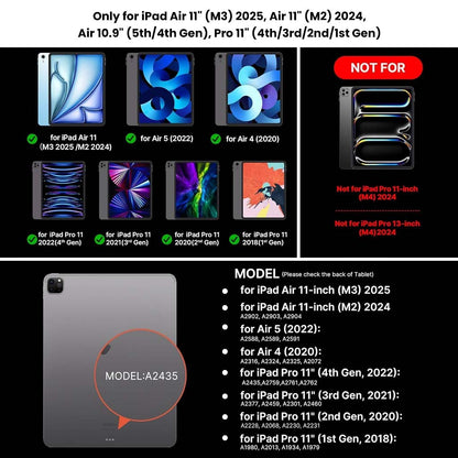Compatibility chart for Magnetic Keyboard Case for iPad Air 11"/10.9", Pro 11" showing supported models and excluded iPad versions.