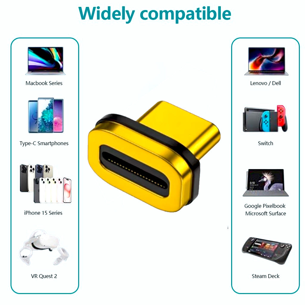 TECPHILE Magnetic Type-C Adapter tip shown with wide compatibility across MacBook, iPhone 15, Steam Deck, and VR Quest 2 for 8K video output.