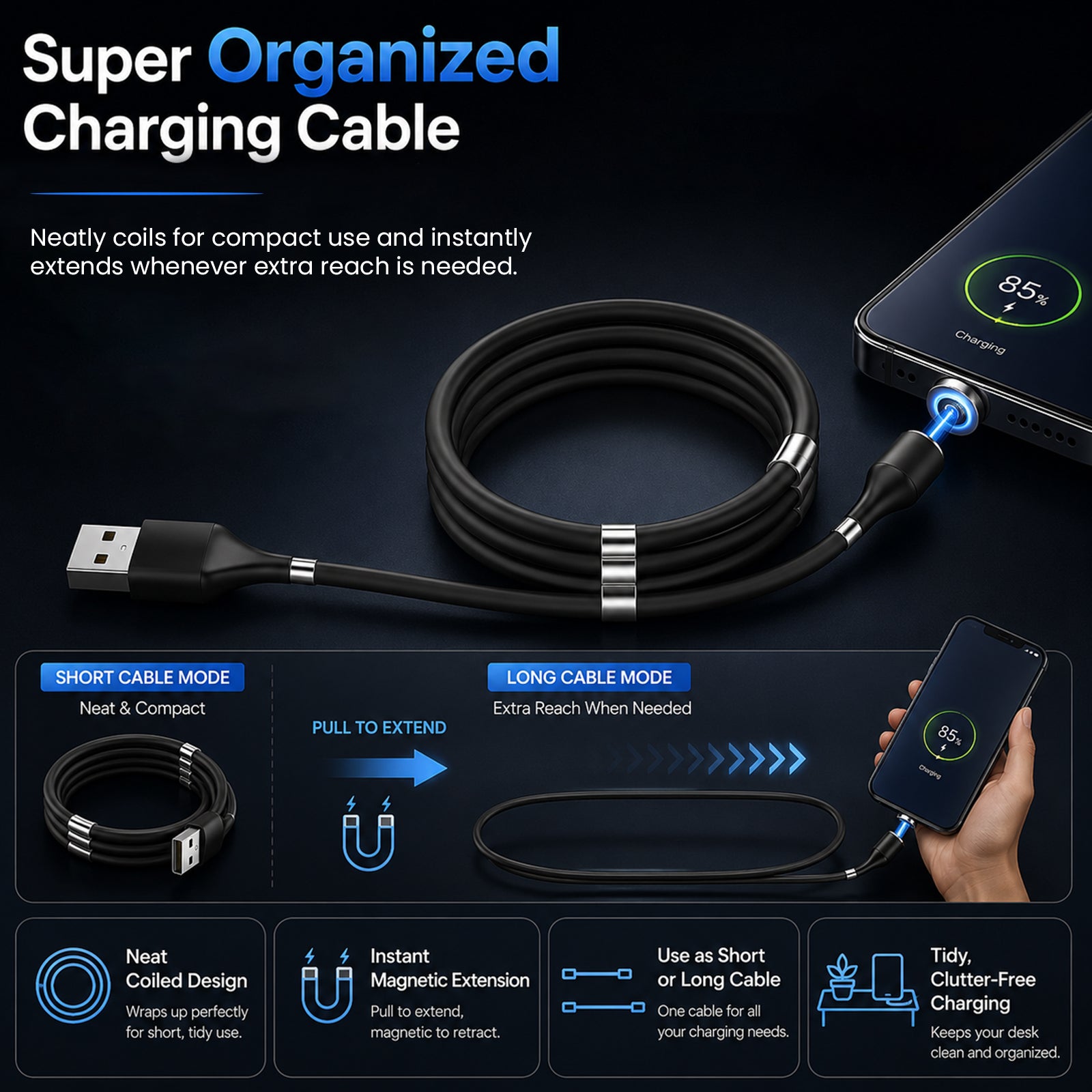 URVNS 3-IN-1 Magnetic Fast Charging Cable with 3 Magnetic Pins (Micro + Type C + Lighting)