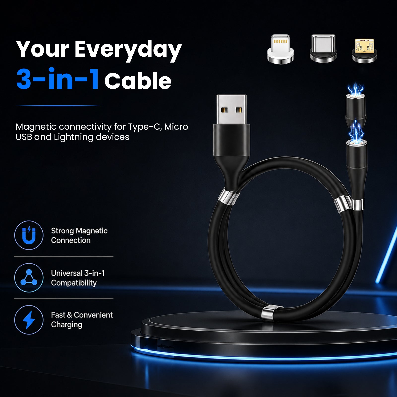 URVNS 3-IN-1 Magnetic Fast Charging Cable with 3 Magnetic Pins (Micro + Type C + Lighting)