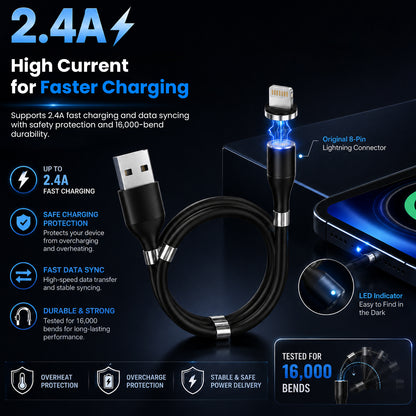 URVNS 3-IN-1 Magnetic Fast Charging Cable with 3 Magnetic Pins (Micro + Type C + Lighting)