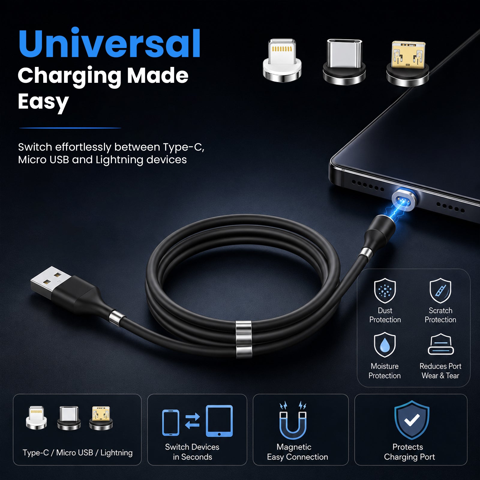 URVNS 3-IN-1 Magnetic Fast Charging Cable with 3 Magnetic Pins (Micro + Type C + Lighting)