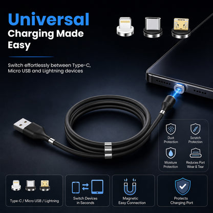 URVNS 3-IN-1 Magnetic Fast Charging Cable with 3 Magnetic Pins (Micro + Type C + Lighting)