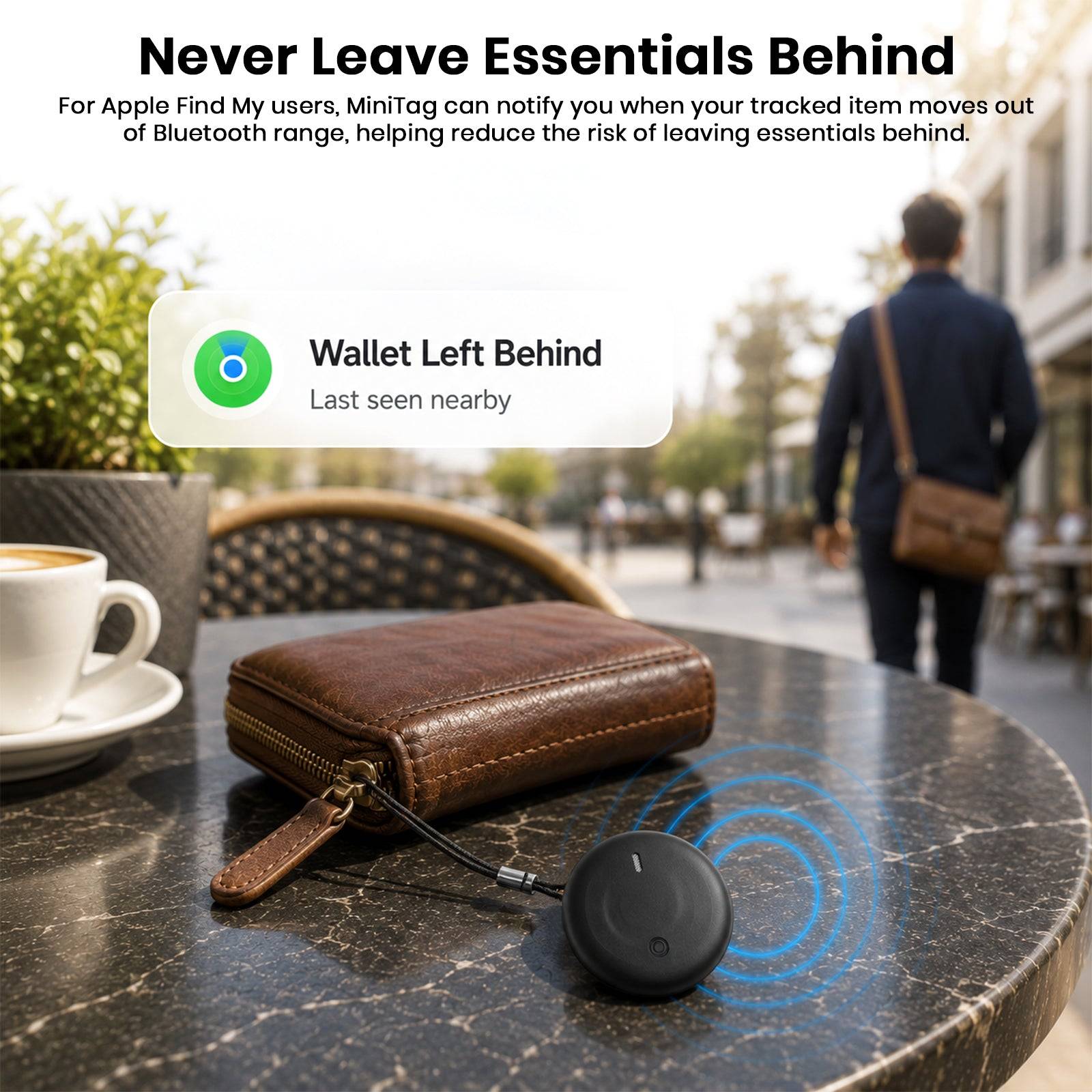 Black Findale MiniTag Bluetooth item tracker with keychain, placed on a table near keys, wallet, and a cup of coffee, used for Apple Find My network