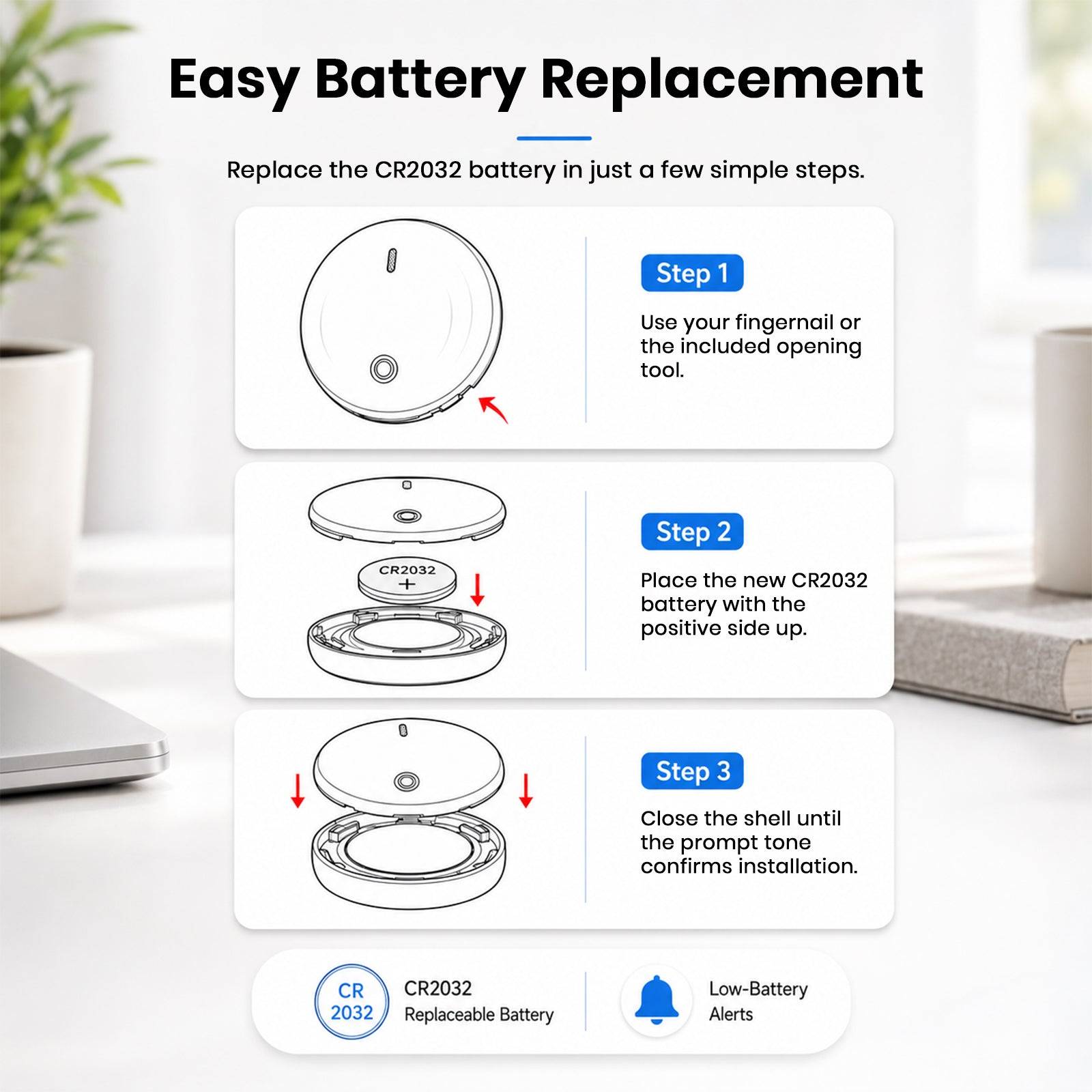 Step-by-step illustration for replacing CR2032 battery in Findale MiniTag, showing opening, inserting battery, and closing shell, on a white background