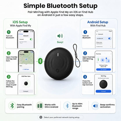 Instruction guide for pairing MiniTag Bluetooth item tracker with Apple Find My on iOS and Find Hub on Android, featuring smartphone screens and a black MiniTag device