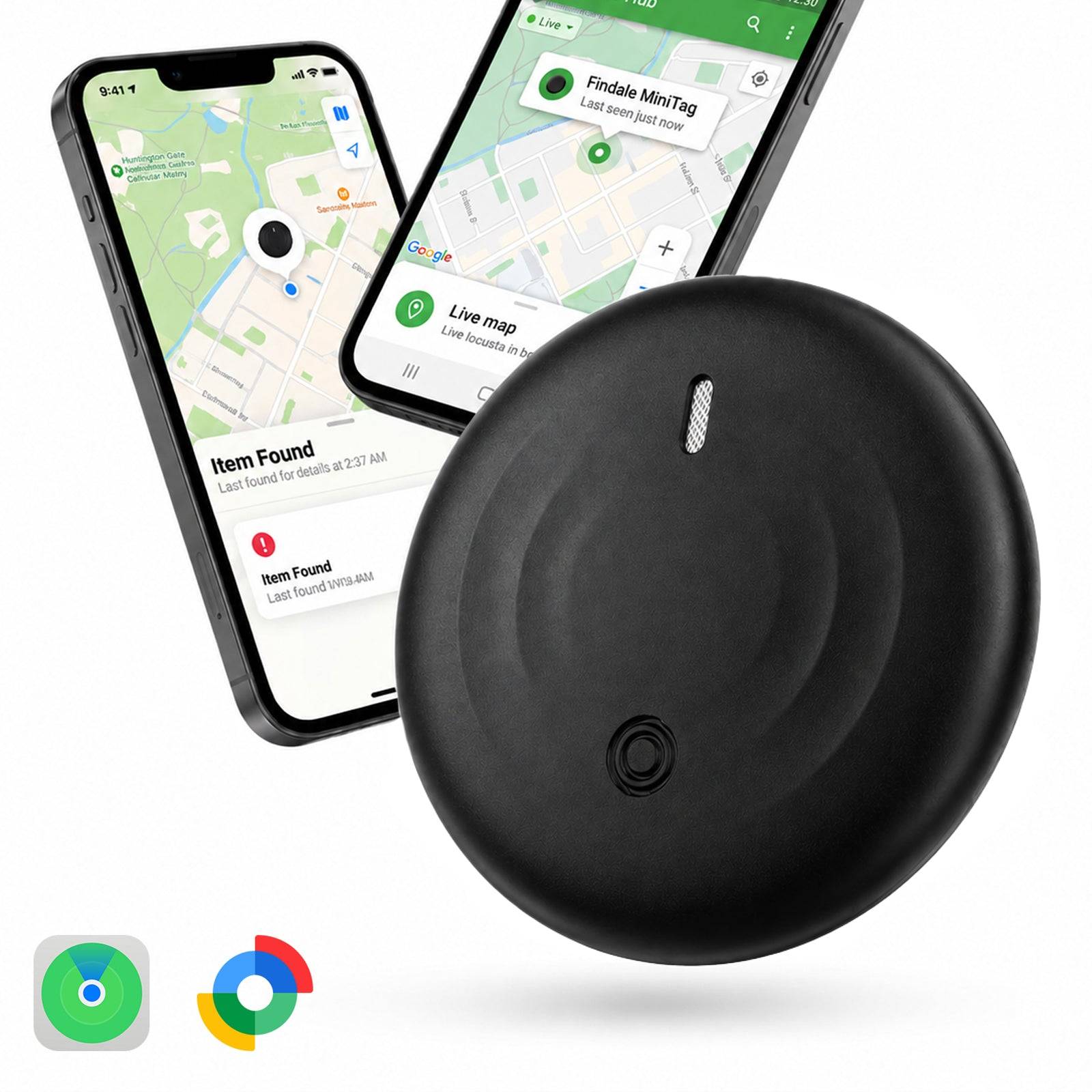 Black Bluetooth item tracker with replaceable battery, waterproof design, and keyring attachment, compatible with Apple Find My network