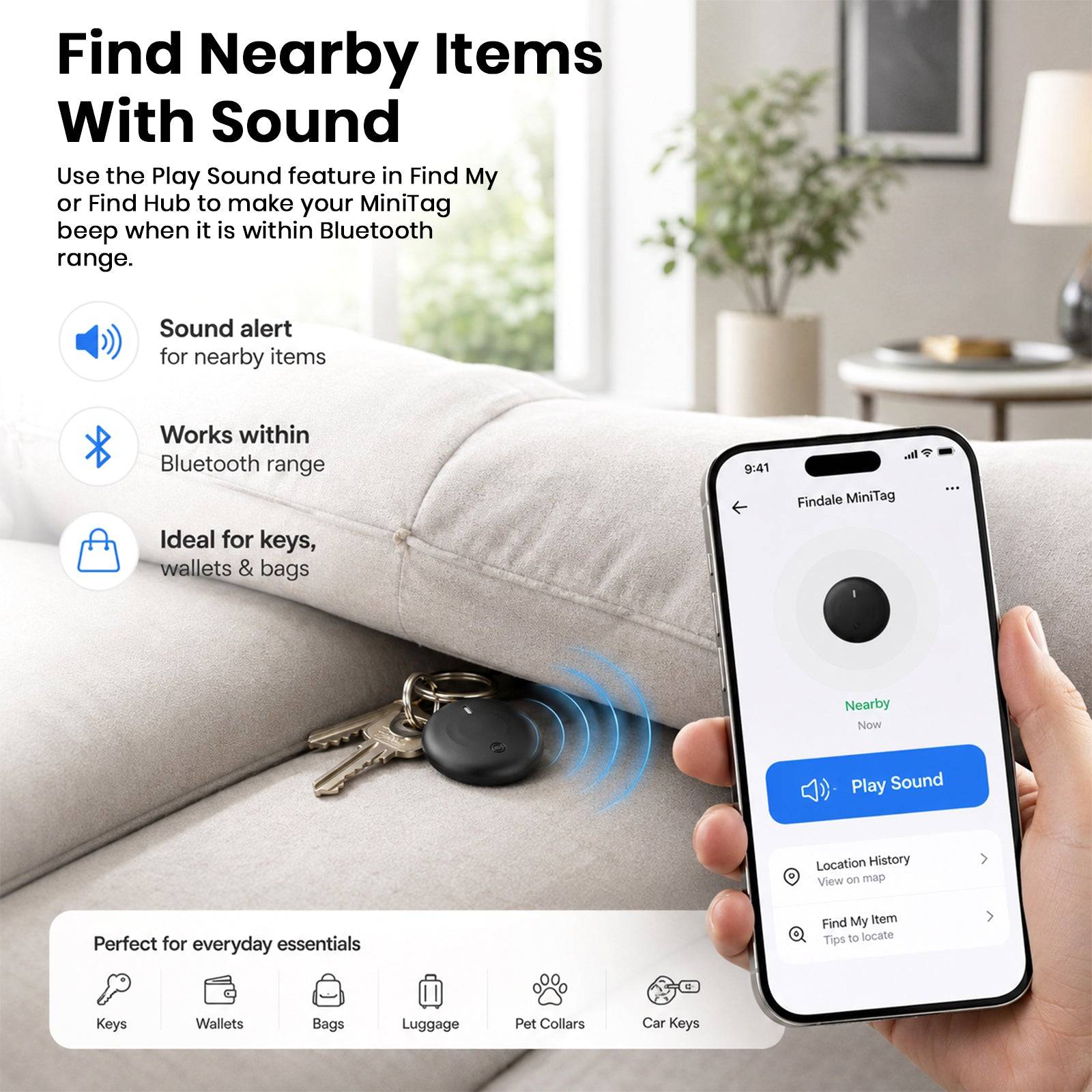 Smartphone displaying Find My app with MiniTag location and sound options, placed on a sofa with a suitcase nearby, highlighting Bluetooth tracking features