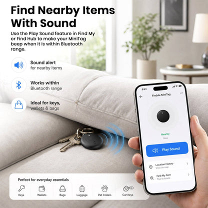 Smartphone displaying Find My app with MiniTag location and sound options, placed on a sofa with a suitcase nearby, highlighting Bluetooth tracking features