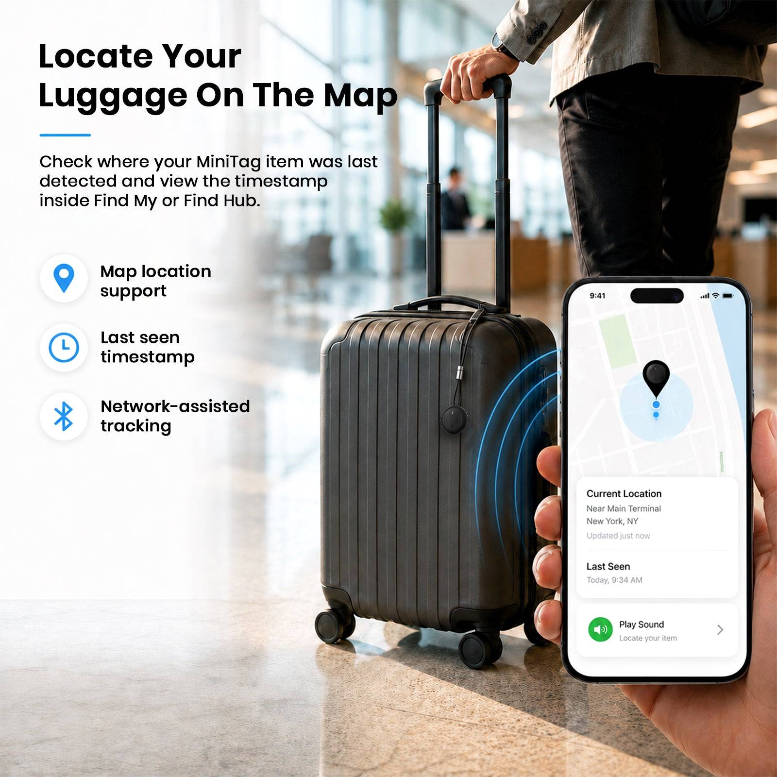 Person holding a smartphone with Find Hub app showing MiniTag on a suitcase, in an airport setting, demonstrating luggage tracking and location features