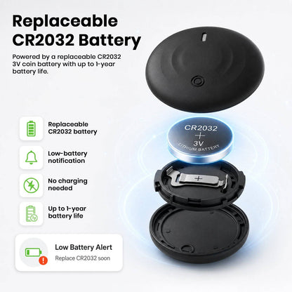 Disassembled Bluetooth tracker with replaceable CR2032 battery, showing easy battery replacement and long battery life