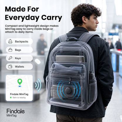 Person carrying a transparent backpack with a MiniTag Bluetooth tracker attached, demonstrating everyday carry and portability, with a focus on travel accessories
