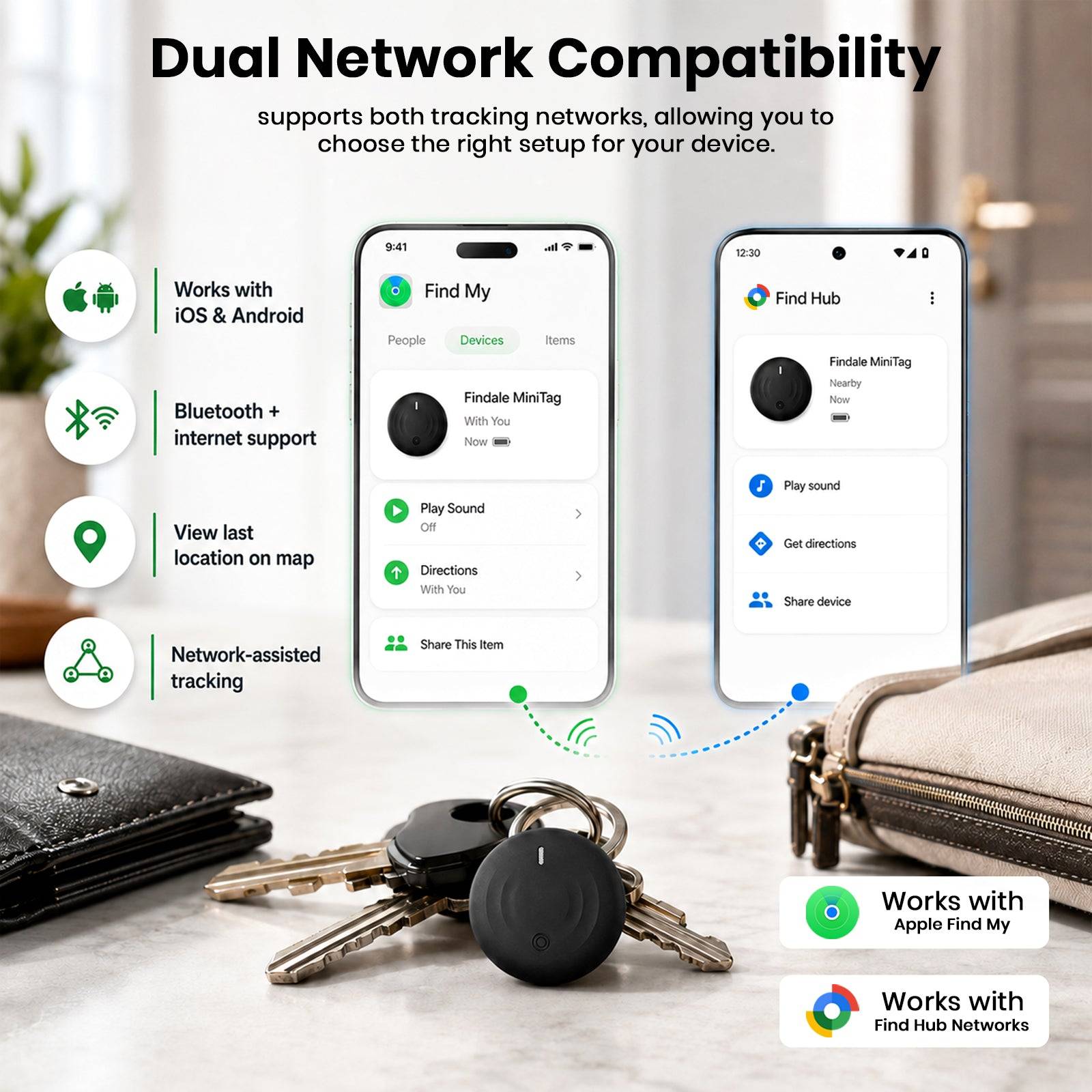 Infographic showing dual network compatibility of Findale MiniTag with iOS and Android devices, Bluetooth, and Find Hub networks, on a white background