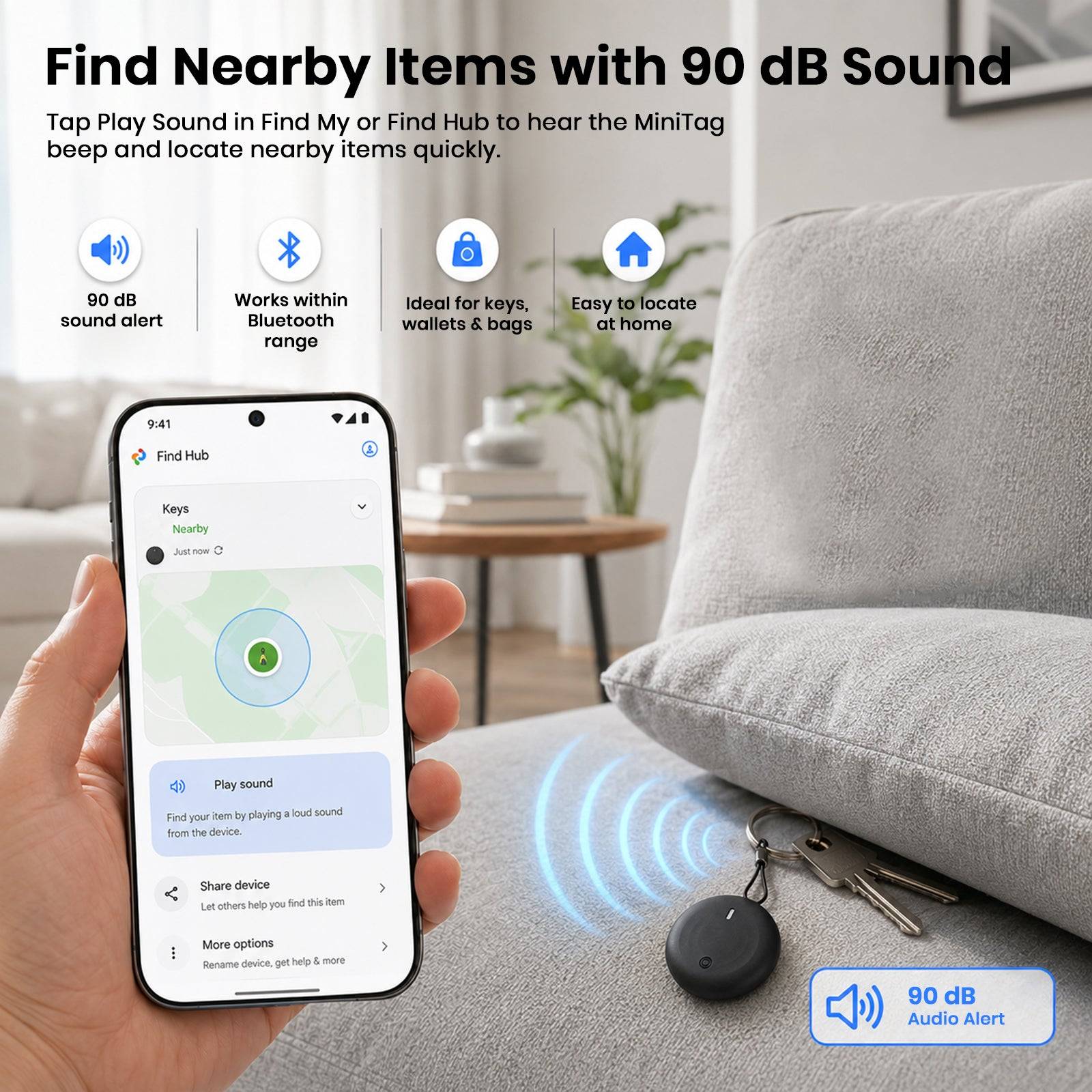 Smartphone with app interface showing nearby items with 90 dB sound alert, Bluetooth range, and item location tracking