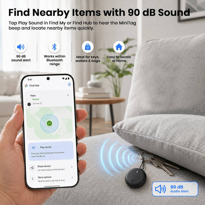 Smartphone with app interface showing nearby items with 90 dB sound alert, Bluetooth range, and item location tracking
