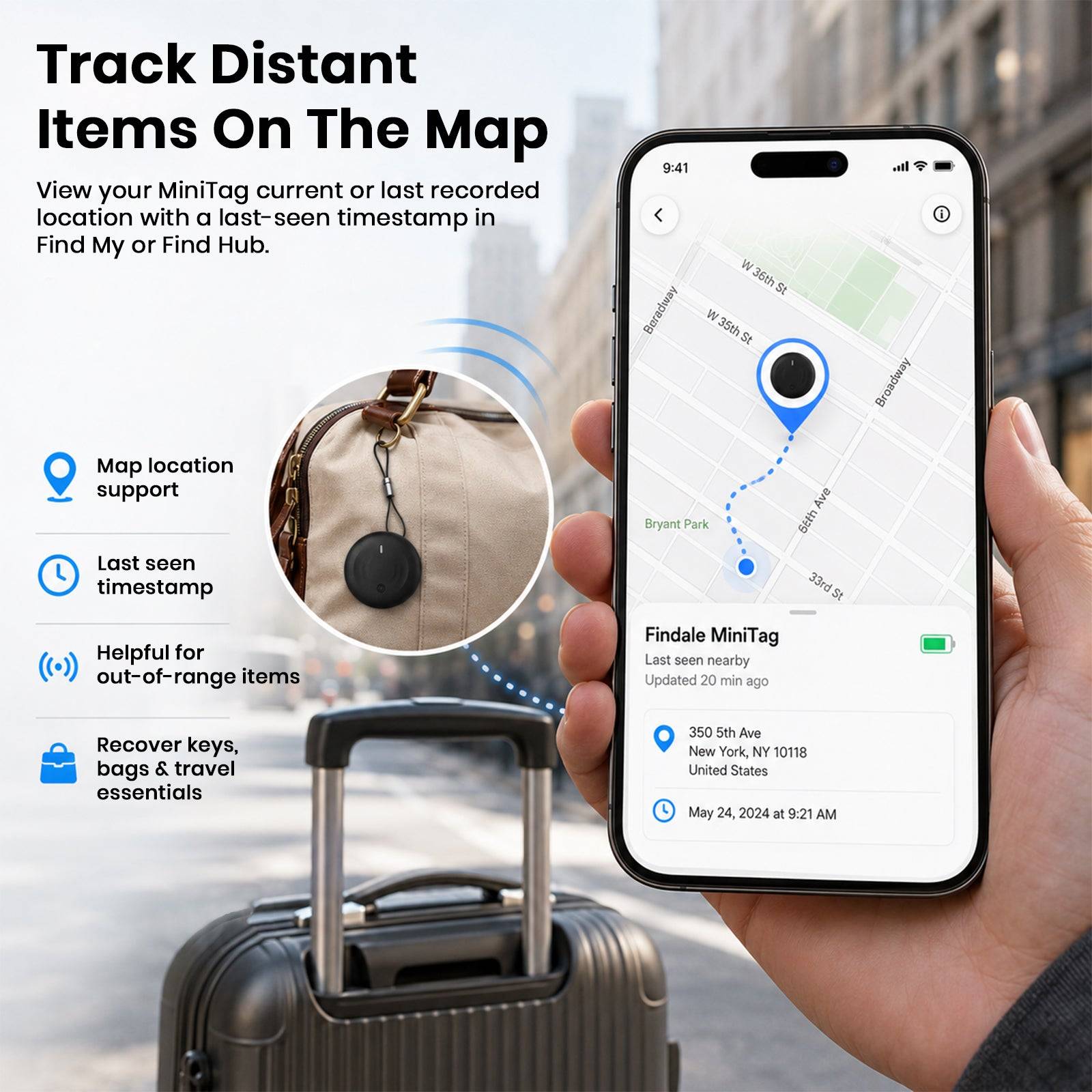 Close-up of waterproof Bluetooth tracker with water droplets, highlighting durability and water resistance for daily use
