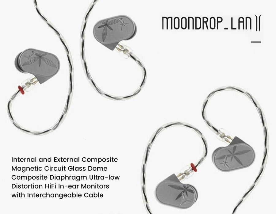 Four MOONDROP LAN II in-ear monitors with silver-grey housings, connected to a silver and black braided cable, showcasing the design and listing key features like the Internal and External Composite Magnetic Circuit and Glass Dome Diaphragm.