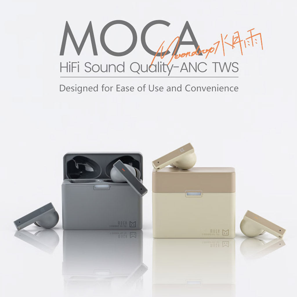 MOONDROP MOCA HiFi TWS Earphones in grey and beige with charging cases, featuring Hybrid ANC and Bluetooth 5.4 for premium audio performance.