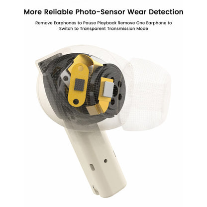 MOONDROP MOCA HiFi TWS Earphones with transparent shell showcasing internal components and photo-sensor wear detection for smart playback control.