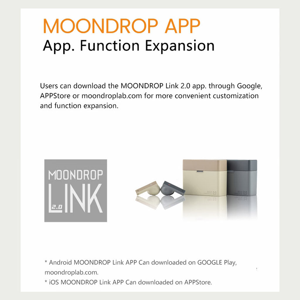 MOONDROP MOCA HiFi TWS Earphones with charging case shown in three color variants, highlighting app compatibility with MOONDROP Link 2.0 for customization.