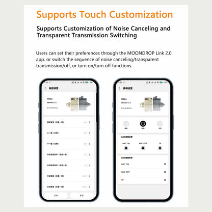 MOONDROP MOCA HiFi TWS Earphones touch customization settings shown on smartphone screen with ANC and transparency mode options.
