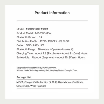 MOONDROP MOCA HiFi TWS Earphones product information sheet showing Bluetooth 5.4, LC3 codec, hybrid ANC, and 15-hour battery life.