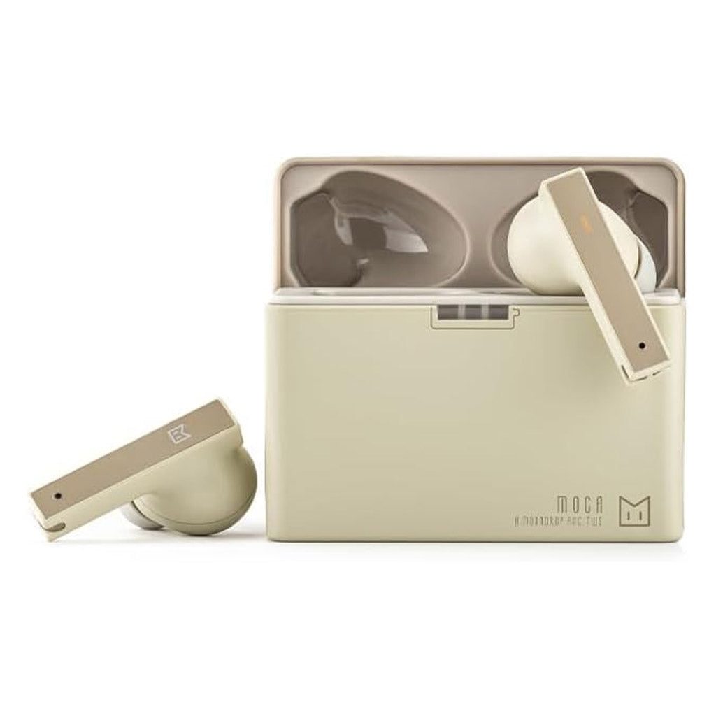 MOONDROP MOCA HiFi TWS Earphones in beige with rectangular stems and matching charging case, ideal for high-fidelity wireless audio experience.