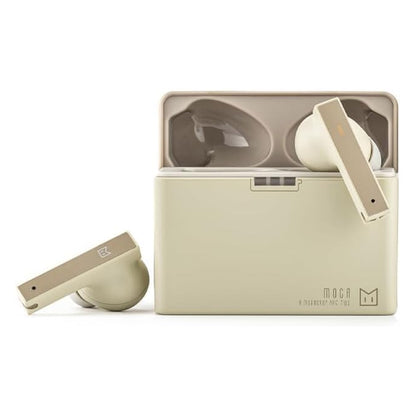 MOONDROP MOCA HiFi TWS Earphones in beige with rectangular stems and matching charging case, ideal for high-fidelity wireless audio experience.