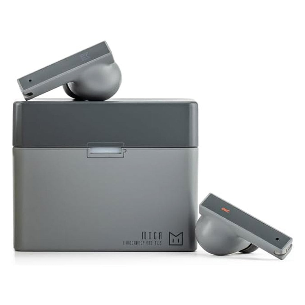 MOONDROP MOCA HiFi TWS Earphones with sleek grey charging case and stem-style earbuds, ideal for high-fidelity wireless audio experience.