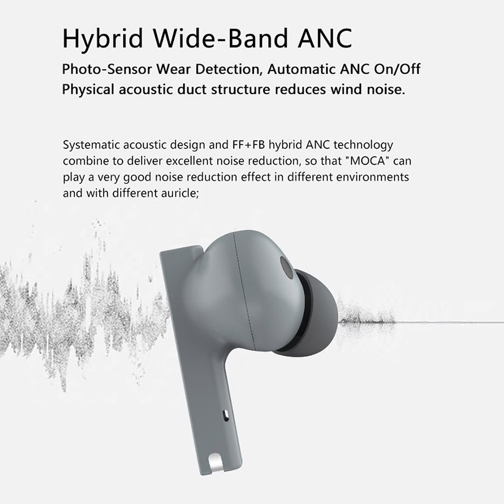 MOONDROP MOCA HiFi TWS Earphones with Hybrid Wide-Band ANC and photo-sensor wear detection for automatic noise cancellation and wind noise reduction.