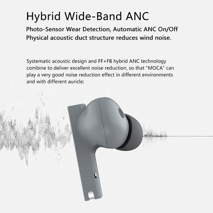 MOONDROP MOCA HiFi TWS Earphones with Hybrid Wide-Band ANC and photo-sensor wear detection for automatic noise cancellation and wind noise reduction.