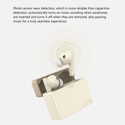 MOONDROP MOCA HiFi TWS Earphones in beige with charging case, featuring photo-sensor wear detection and automatic noise canceling for seamless audio.