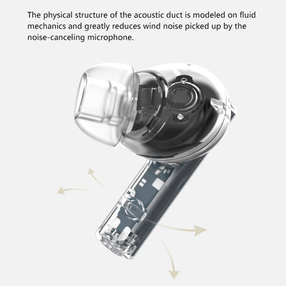 MOONDROP MOCA HiFi TWS Earphones showcasing transparent design and acoustic duct structure for wind noise reduction using fluid mechanics.