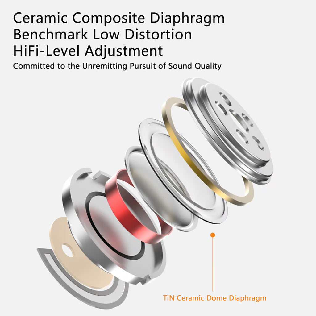 Exploded view of MOONDROP MOCA HiFi TWS Earphones driver unit showing TiN ceramic dome diaphragm for low distortion and high-fidelity audio performance.