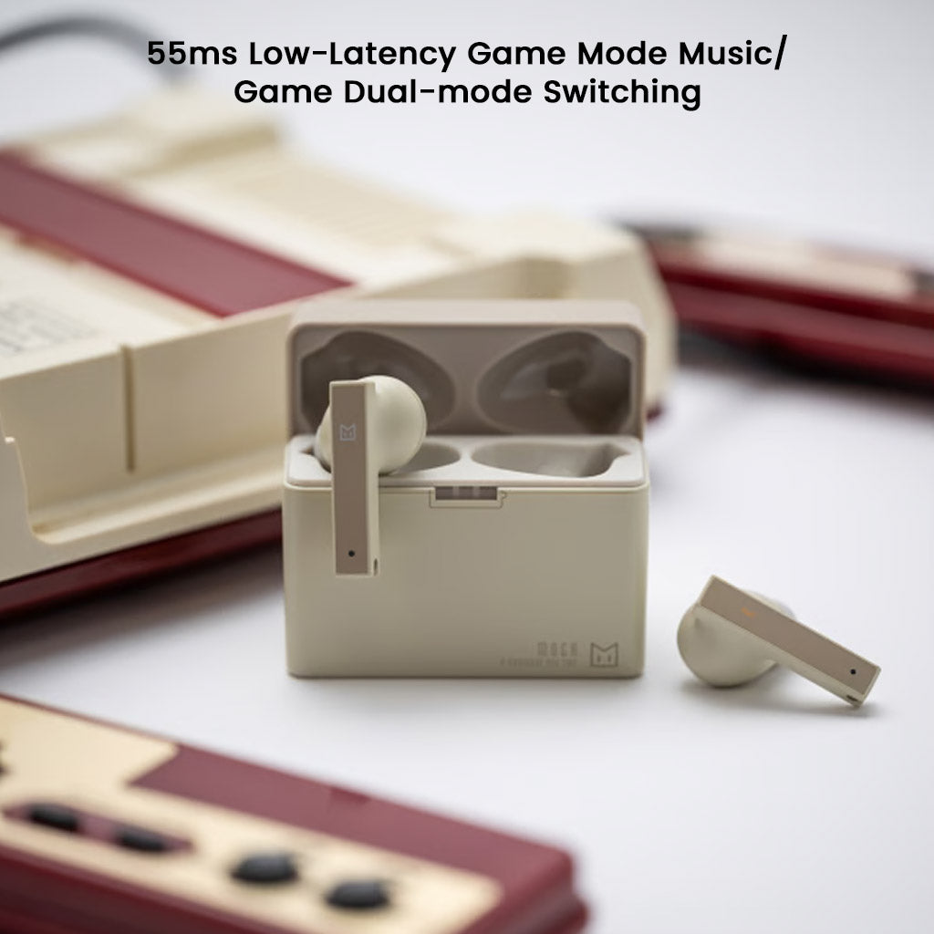 MOONDROP MOCA HiFi TWS Earphones in beige with charging case, featuring 55ms low-latency game mode and dual-mode switching for music and gaming.