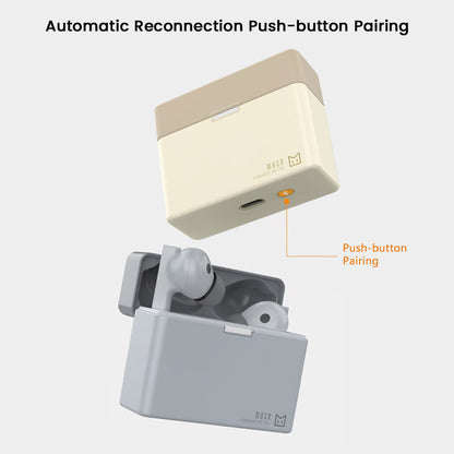 MOONDROP MOCA HiFi TWS Earphones with automatic reconnection and push-button pairing feature, shown in beige and grey charging cases.
