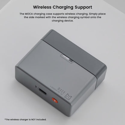 MOONDROP MOCA HiFi TWS Earphones charging case with wireless charging support, shown in sleek grey design with USB-C port and branding.