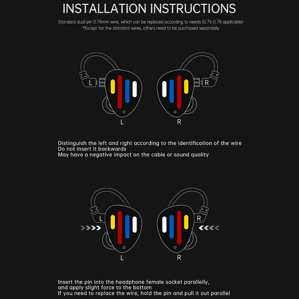 ND X12 Hybrid IEM installation guide showing correct orientation and pin insertion for optimal sound and cable durability.