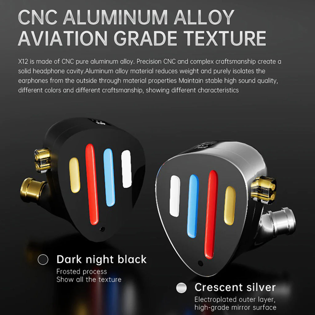 ND X12 Hybrid IEM in black and silver color options, made from CNC aluminum alloy for durability and premium texture.
