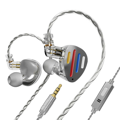 ND X12 (1DD + 5BA) Hybrid IEM with silver CNC aluminum alloy shell and detachable cable, featuring ergonomic in-ear design and 3.5mm jack.