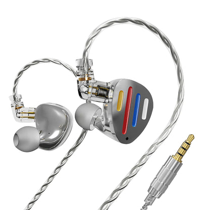ND X12 Hybrid IEM in silver finish with ergonomic earbud design and braided detachable cable for high-quality audio connection.