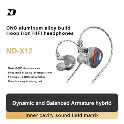 ND X12 Hybrid IEM with CNC aluminum alloy build, featuring 1 dynamic and 5 balanced armature drivers for immersive audio.